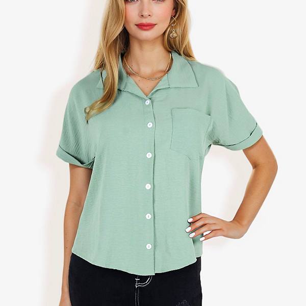 Women's Short Sleeve Button Down Shirt With Front Pocket And Notched Collar Anna-Kaci