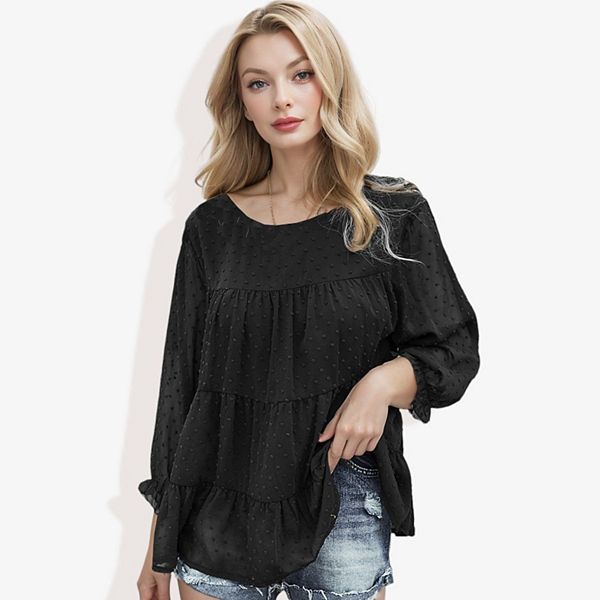 Women's Long Sleeve Swiss Dot Peplum Top With Sheer Sleeves And Tiered Ruffle Detail Casual Blouse Anna-Kaci