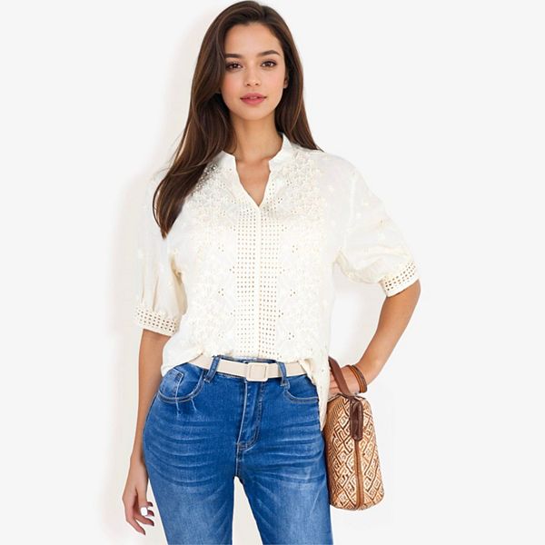 Women's Embroidered Half Sleeve Blouse With Eyelet Detailing Anna-Kaci