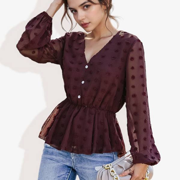 Women's V-neck Solid Color Semi Sheer Swiss Dot Blouse Anna-Kaci