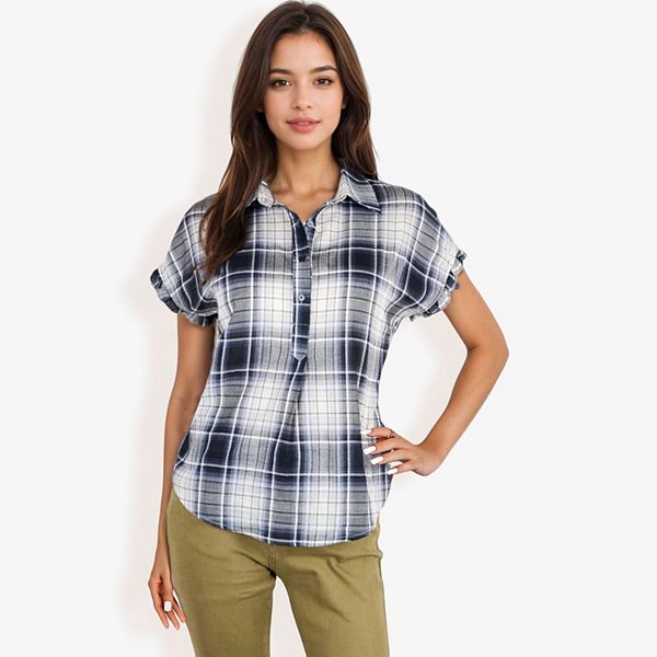 Women's Short Sleeve Plaid Button Down Blouse Anna-Kaci