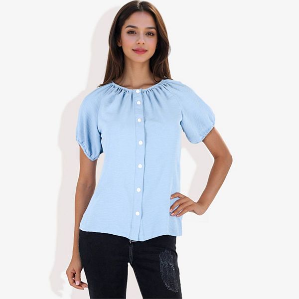 Women's Button Down Blouse With Gathered Neckline Anna-Kaci