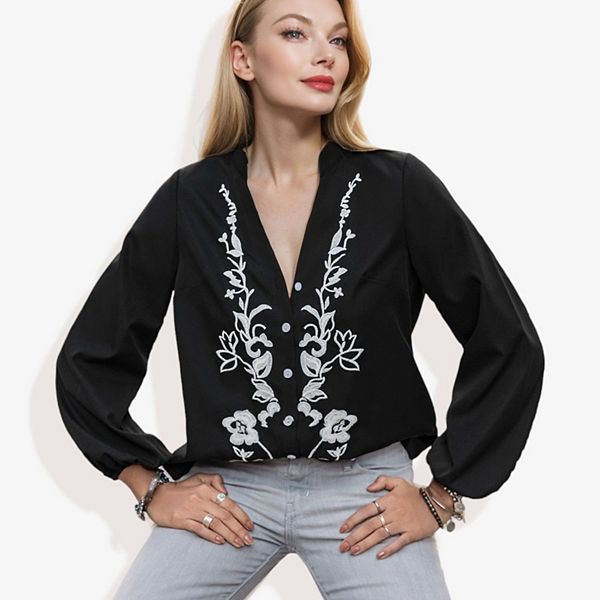 Women's Notched Collar Floral Embroidered Blouse Anna-Kaci