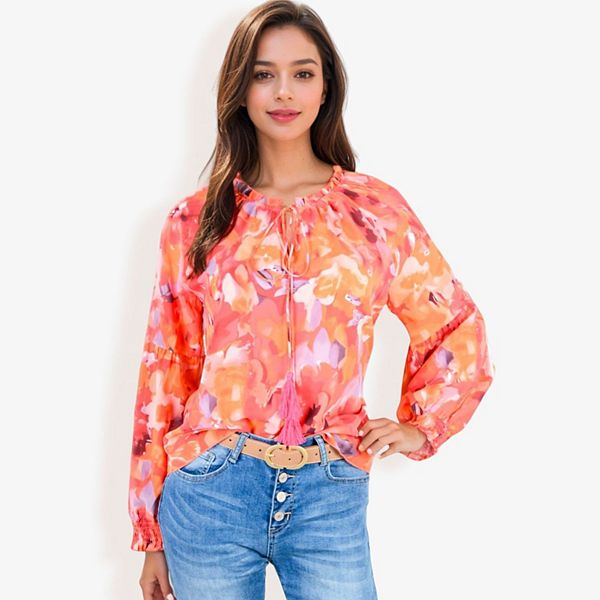 Women's Floral Print Peasant Blouse With Tassel Tie Neck Anna-Kaci