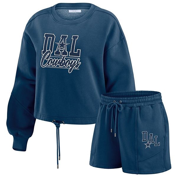 Women's WEAR by Erin Andrews Navy Dallas Cowboys Washed Fleece Long Sleeve T-Shirt & Shorts Lounge Set WEAR by Erin Andrews