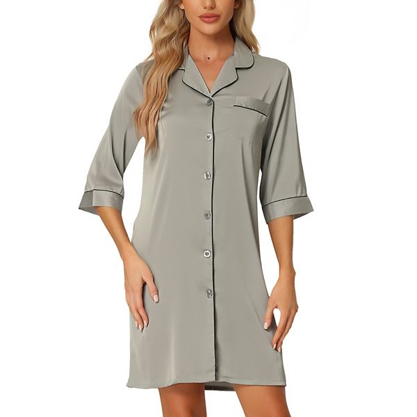 Womens Satin 3/4 Sleeve Button Down Nightshirt Cheibear