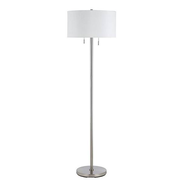 Metal Body Floor Lamp with Fabric Drum Shade and Pull Chain Switch, Silver Benzara