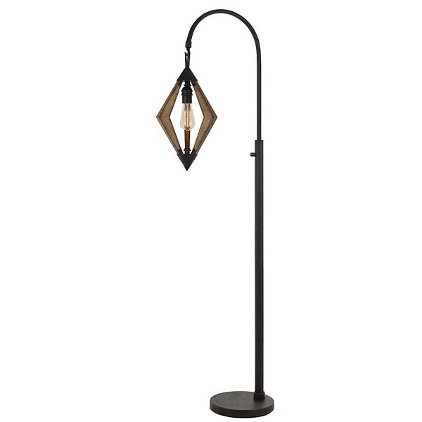 Tubular Metal Downbridge Floor Lamp with Wooden Accents, Black Benzara