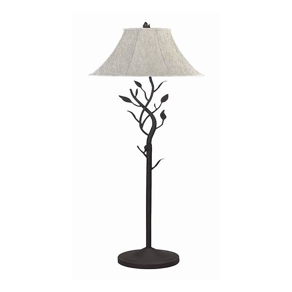 Metal Floor Lamp with Leaf Accent Body and Fabric Bell Shade,Black and Gray Benzara