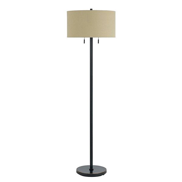 Metal Body Floor Lamp with Fabric Drum Shade and Pull Chain Switch, Black Benzara