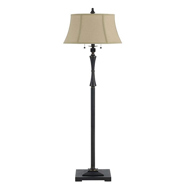 Metal Body Floor Lamp with Fabric Tapered Bell Shade, Black and Beige Benzara