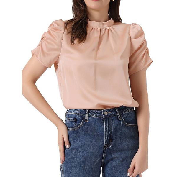 Satin Blouse For Women Puffy Short Sleeve Mock Neck Pleated Tie Back Office Work Silk Satin Tops Allegra K