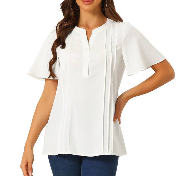 V-neck Blouses For Women Dressy Casual Tops Button Down Shirts Business Work Short Sleeve T Shirt Allegra K