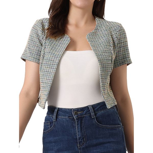 Tweed Cardigan For Women Open Front Short Sleeve Crop Outwear Allegra K