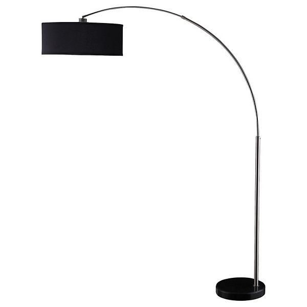 Floor Lamp with Pendant Drum Shade and Arched Arm, Black Benzara