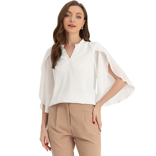 Chiffon Blouse For Women V-neck Split Sleeve Business Casual Shirts Allegra K