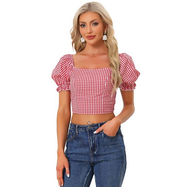 Smocked Crop Top For Women Bubble Sleeve Peasant Gingham Plaid Tops Allegra K