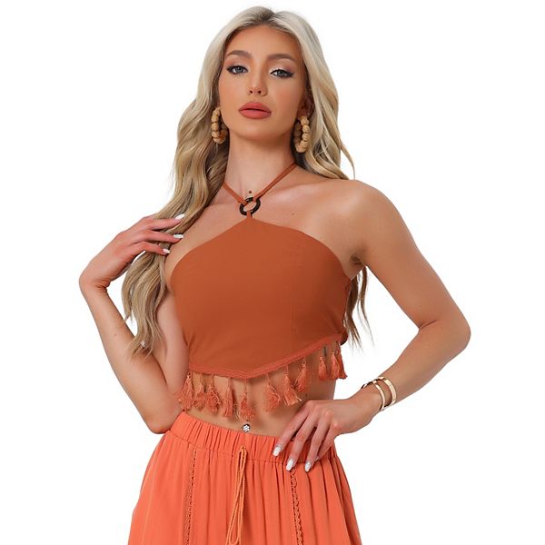 Halter Top For Women Keyhloe Front Y2k Corset Tie Backless Smocked Back Boho Tassel Crop Top Allegra K