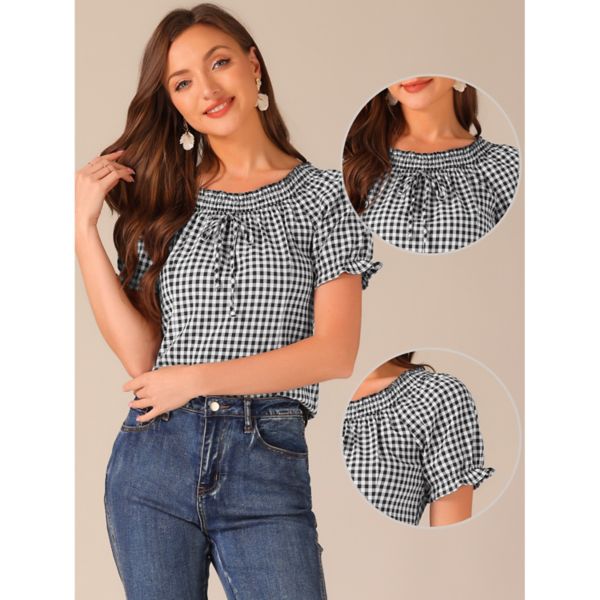 Gingham Plaid Blouse For Woman's Peasant Round Neck Ruffles Puffy Sleeve Top Allegra K