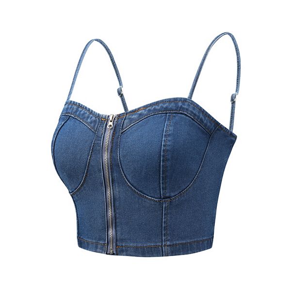 Denim Crop Top For Women Spaghetti Strap Sleeveless Zip Up Bustier Allegra K