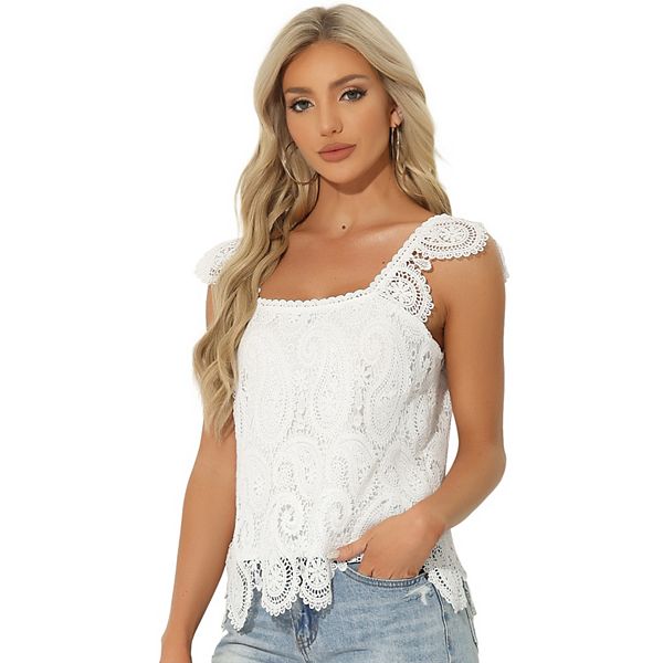 Lace Blouse For Women Square Neck Flutter Sleeve Top Allegra K