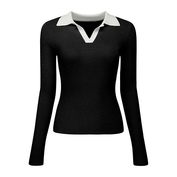 Women's Fitted Knit Top V Neck Contrast Color Long Sleeve Polo Sweater Tops Hombety