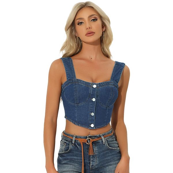 Denim Corset Tops For Women Button Down Sleeveless Bustier Jean Crop Tank Top Allegra K