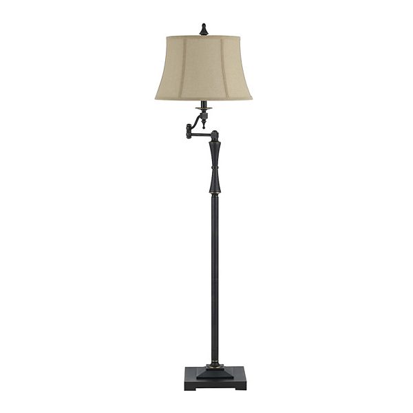 Metal Body Floor Lamp with Fabric Tapered Bell Shade, Beige and Black Benzara