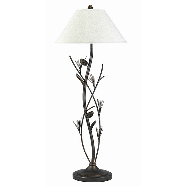 Pine Twig Accent Metal Body Floor Lamp with Conical Shade, Bronze and White Benzara