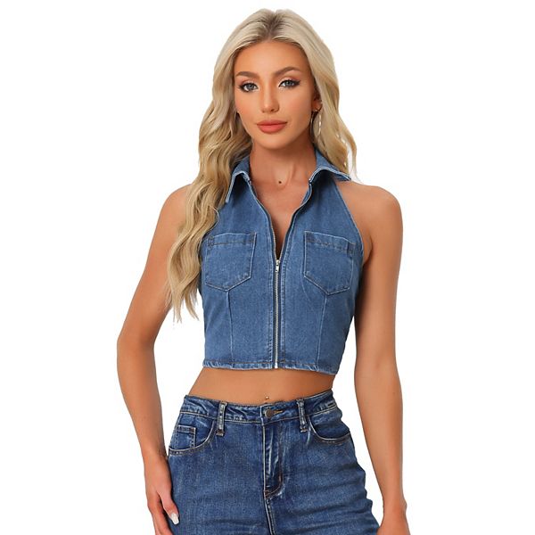 Halter Denim Top For Women Zipper Up Collared Sleeveless Jean Corset Allegra K