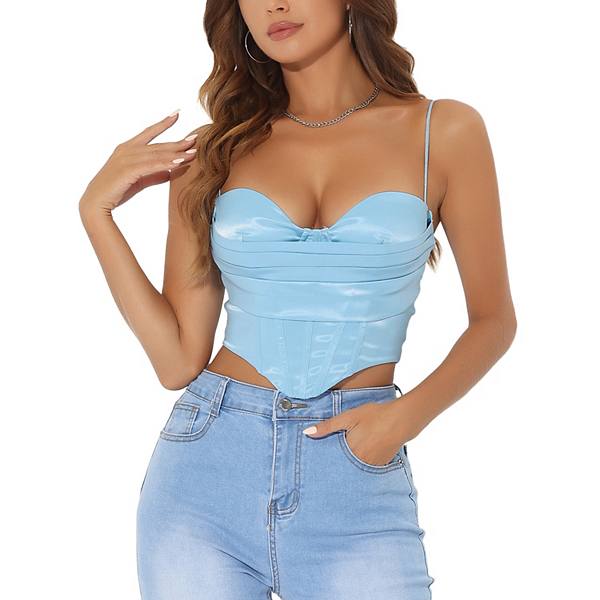 Women's Vintage Bustier Crop Tops Satin Cowl Neck Adjustable Spaghetti Straps Corset Allegra K