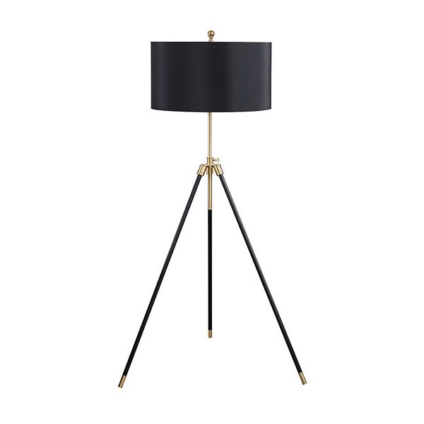 Floor Lamp with Drum Shade and Sleek Metal Tripod Legs, Black and Gold Benzara