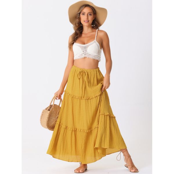 Women's Long Skirts High Waist Tiered Belt Ruffle Lattice Texture Casual A Line Maxi Skirt Allegra K