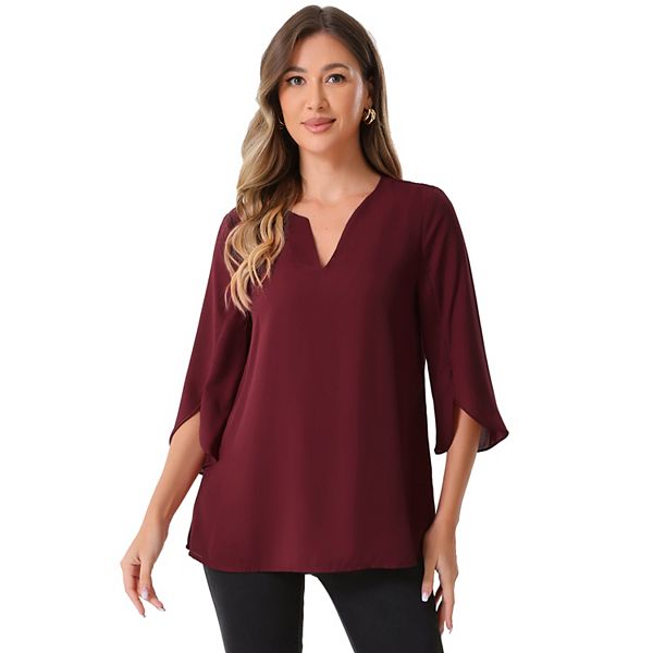 Women's 3/4 Split Sleeve V Neck Flowy Mesh Blouse Casual Dressy Tunic Top Allegra K