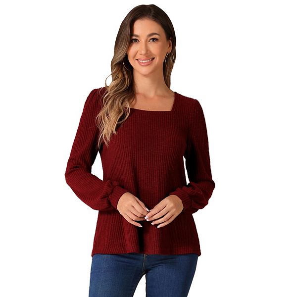 Women's Square Neck Ribbed Knit Top Basic Casual Lightweight Long Sleeve Sweater Allegra K