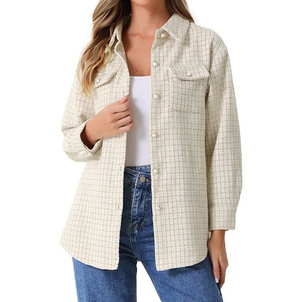 Tweed Shirt Jacket For Women's Plaids Long Sleeves Loose Shirt Allegra K