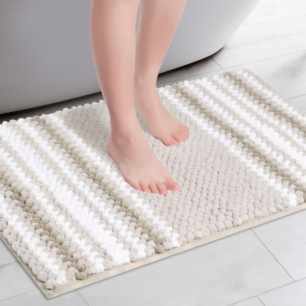 2 Pcs Striped Bathroom Rugs, Extra Soft And Absorbent Fluffy Chenille Bath Mat Rug, 20" X 32" Unique Bargains