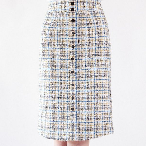 Luxe Plaid Tweed Pencil Skirt Le Reussi