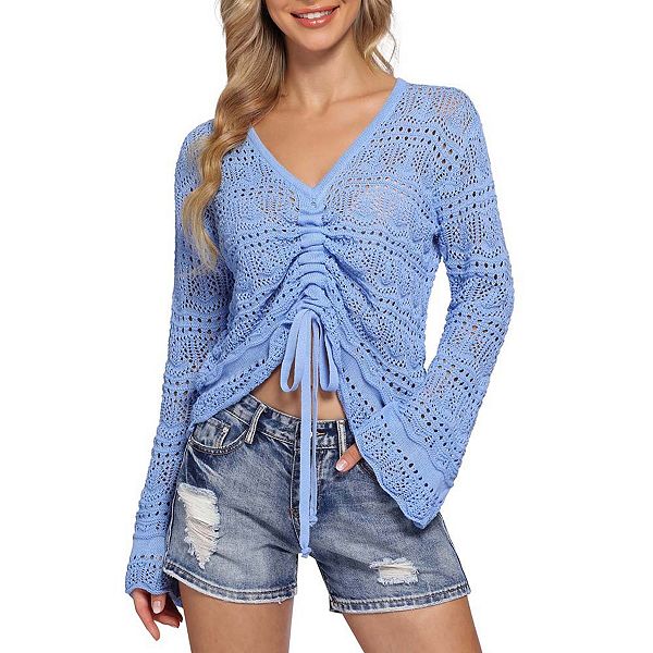 Crochet Top Womens Boho Sheer Crop Tops Drawstring Knitted Cover Up Blouse Bell Sleeve Beachwear Missky