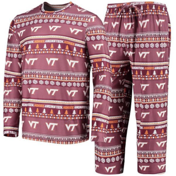 Мужской комплект пижамы из футболки с длинным рукавом и брюк с узором Ugly Sweater Virginia Tech Hokies, 92% полиэстер Unbranded