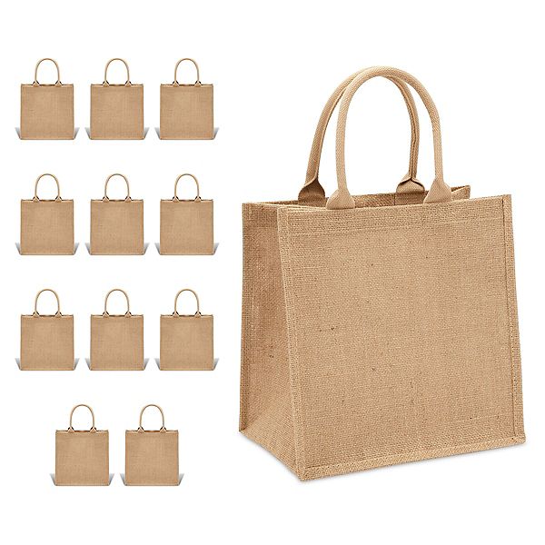 12 Pack Of Natural Burlap Tote Bags With Handles For Beach, Bachelorette Party, Reusable Bulk Set Sparkle and Bash