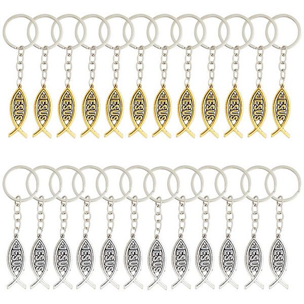 24 Pack Metal Jesus Fish Keychains, Christian Gifts, Silver And Gold-colored Juvale