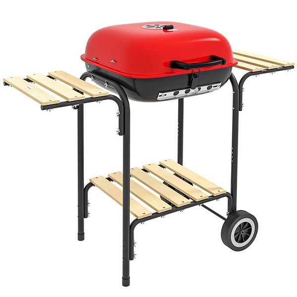 Outsunny Portable Charcoal Grill W/ Wheels Storage, Shelves, 2 Tables, Red Outsunny