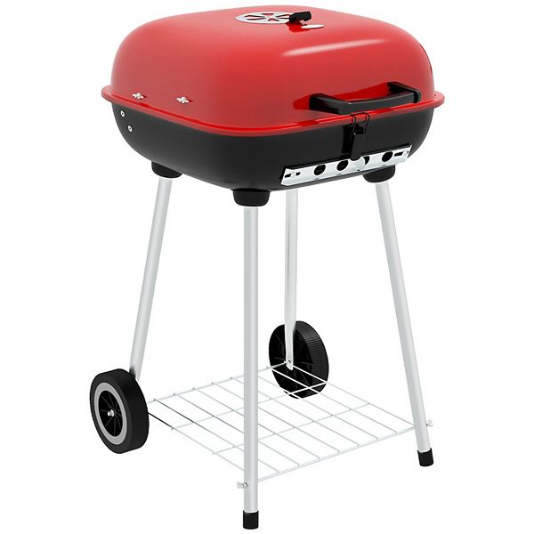 Outsunny Portable Charcoal Grill With Wheels Bottom Shelf For Picnic, Red Outsunny