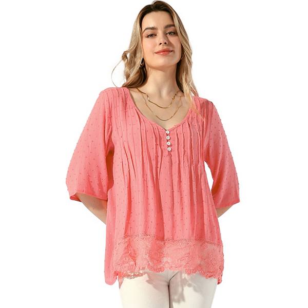 Women's Lace Trim Ruched Comfy Summer 1/2 Sleeve V Neck Holiday Shirt Allegra K