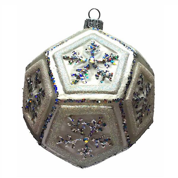 Pinnacle Peak Trading White And Silver Glitter Snowflake Dodecahedron Ball Polish Glass Ornament Pinnacle Peak Trading Company