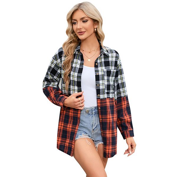 Womens Plaid Shirts Button Down Color Block Oversized Lightweight Shirts Blouse Top Shacket Jacket Missky