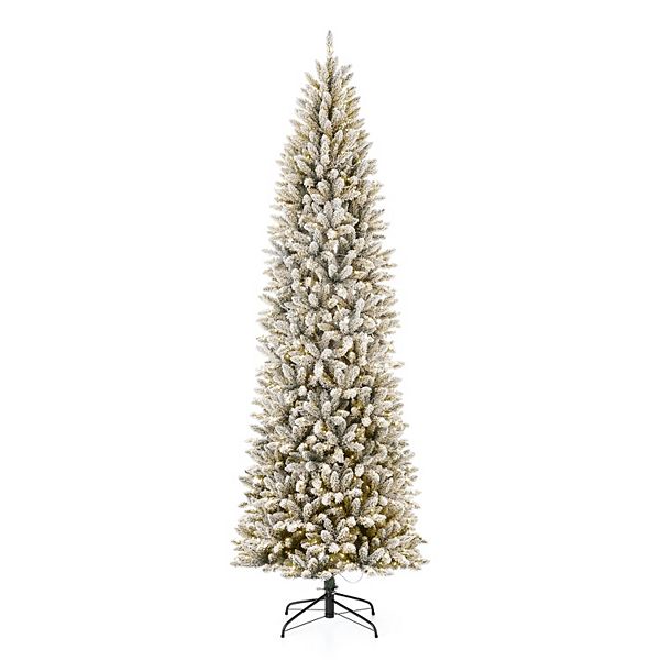 Glitzhome 9ft Pre-lit Flocked Pencil Fir Artificial Christmas Tree With 600 Warm White Lights Glitzhome