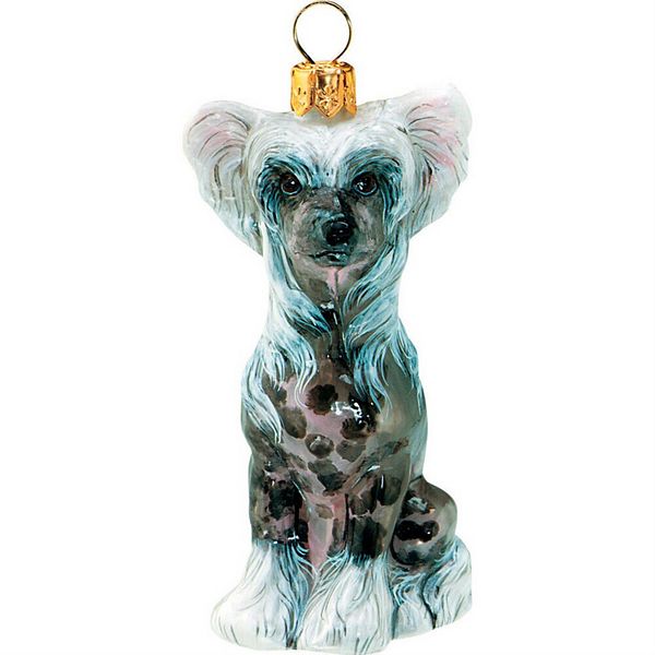 Joy To The World Chinese Crested Hairless Dog Sitting Blown Glass Polish Christmas Tree Ornament Pinnacle Peak Trading Company