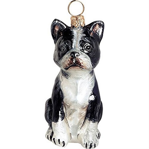 Joy To The World Boston Terrier Sitting Dog Blown Glass Polish Christmas Ornament Tree Decoration Pinnacle Peak Trading Company